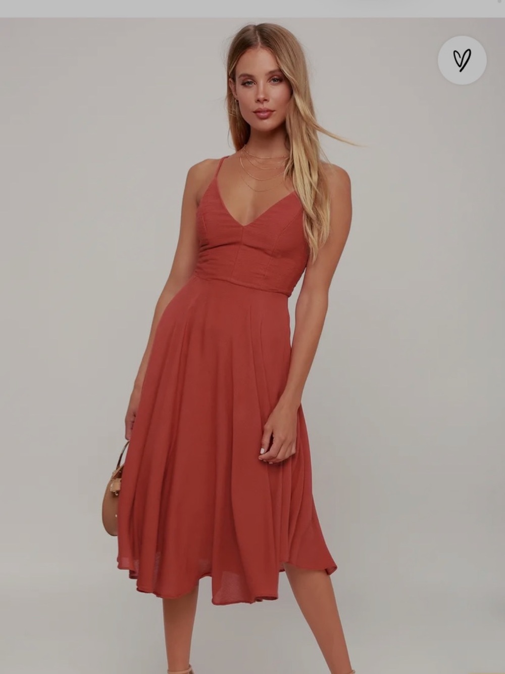 Lulu's Terracotta V-Neck Spaghetti Strap Midi Dress